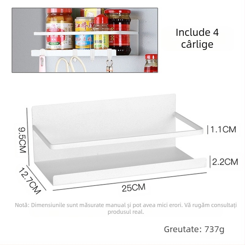 Raft magnetic pentru frigider – organizator lateral pentru condimente, montaj pe perete prin aderență magnetică, fără găuri, material: oțel carbon, 1 nivel