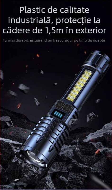 Lanternă multifuncțională cu iluminare laterală magnetică, reîncărcabilă, 10W, 1200mAh, rază 100-200 m