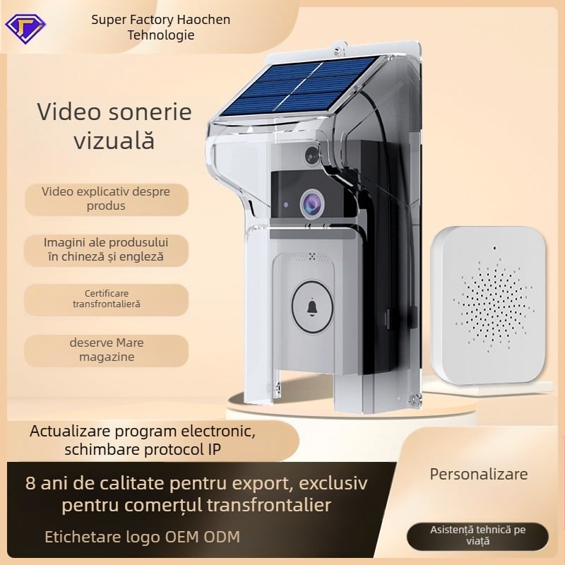 Sonerie video fără fir cu acoperiș solar pentru ploaie, standby lung, interfon cu schimbare de voce și cameră de supraveghere (alimentare 5V/1A, baterie 3.7V, 38 sonerii, 0.5W consum)