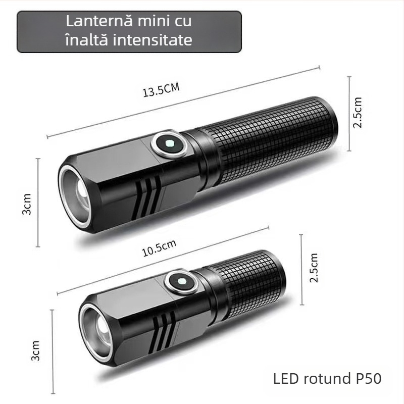 P100 lanternă LED portabilă, mini, reîncărcabilă pentru exterior, încărcare Type-C, 15W, corp din aliaj de aluminiu, baterie 18350, rază 200–500 m