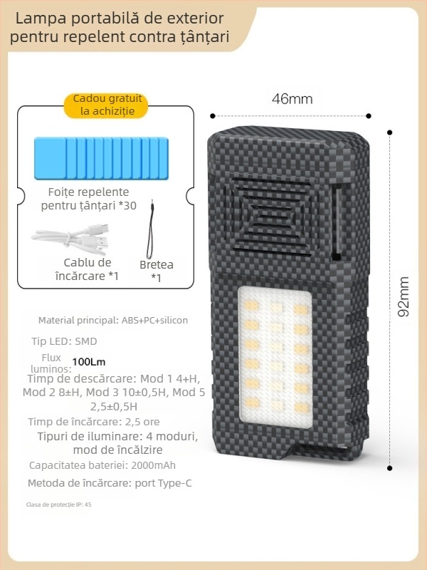 Lampă anti-țânțari pentru exterior - LED, încărcabilă, lanternă de camping cu funcție de repelență a țânțarilor
