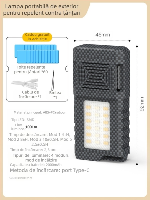 Lampă anti-țânțari pentru exterior - LED, încărcabilă, lanternă de camping cu funcție de repelență a țânțarilor