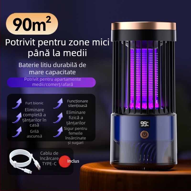 Lampă pentru uciderea țânțarilor cu șoc electric – capcana LED, USB reîncărcabil, baterie încorporată 1001–1600 mAh, model SJD-01, pentru interior/exterior până la 30 m²