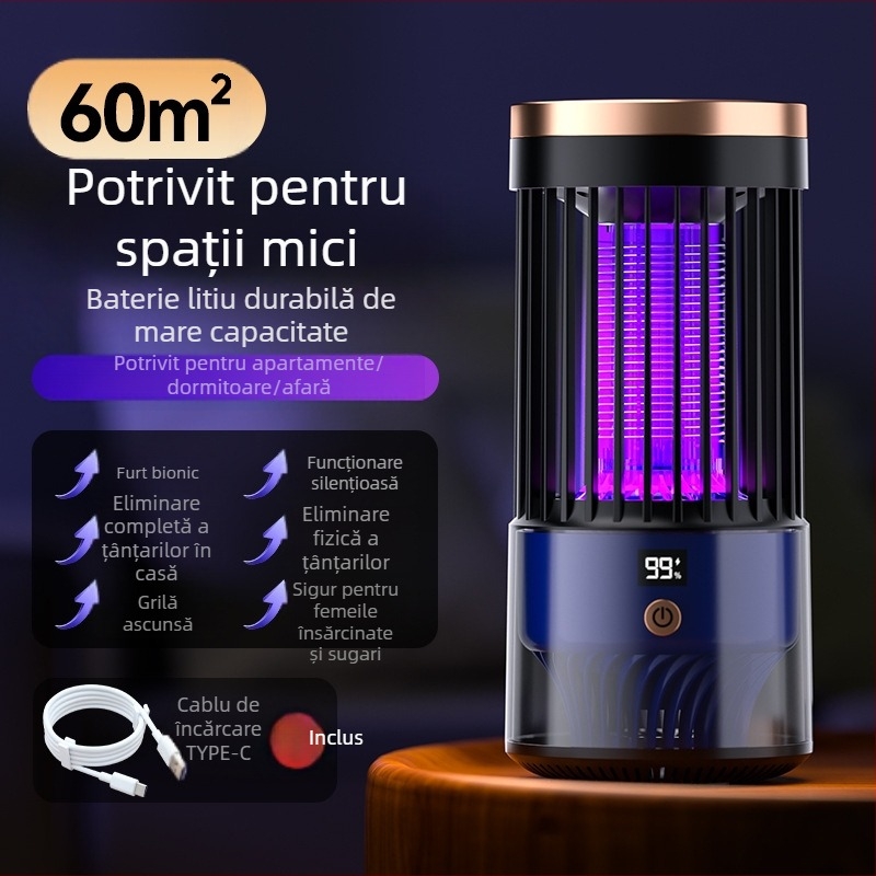 Lampă pentru uciderea țânțarilor cu șoc electric – capcana LED, USB reîncărcabil, baterie încorporată 1001–1600 mAh, model SJD-01, pentru interior/exterior până la 30 m²