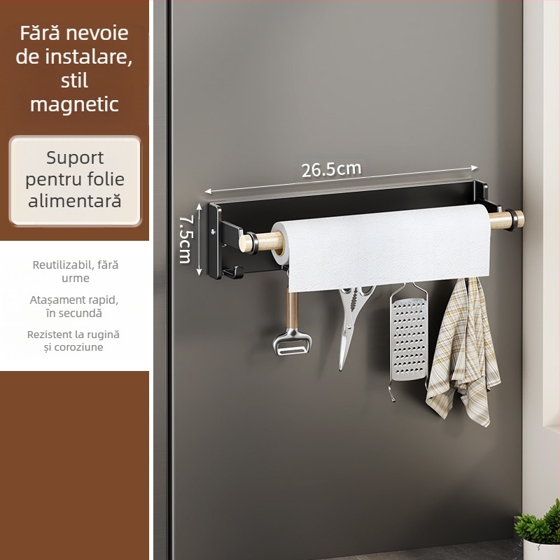 Raft magnetic lateral pentru frigider — montaj pe perete, multifuncțional, din oțel carbon, suport pentru hârtie, depozitare folie și condimente