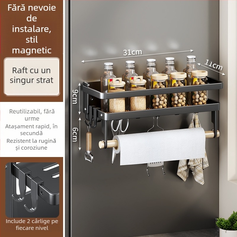 Raft magnetic lateral pentru frigider — montaj pe perete, multifuncțional, din oțel carbon, suport pentru hârtie, depozitare folie și condimente