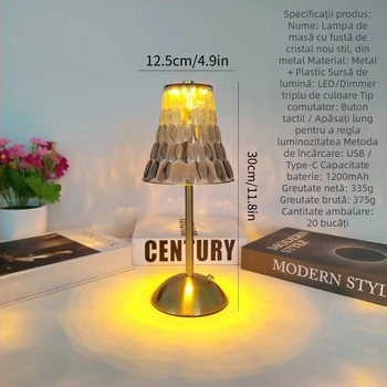 Lampă de masă cu cristal de lux, reglare a luminozității în trei niveluri, proiecție, iluminat de noapte și ambiental, potrivită pentru interior/exterior