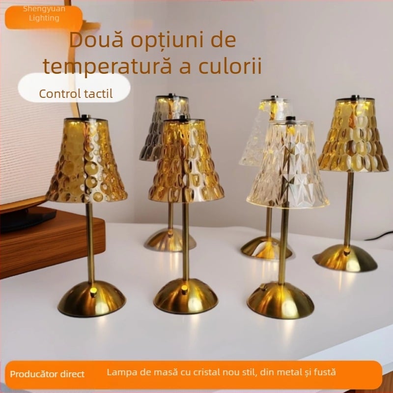 Lampă de masă cu cristal de lux, reglare a luminozității în trei niveluri, proiecție, iluminat de noapte și ambiental, potrivită pentru interior/exterior