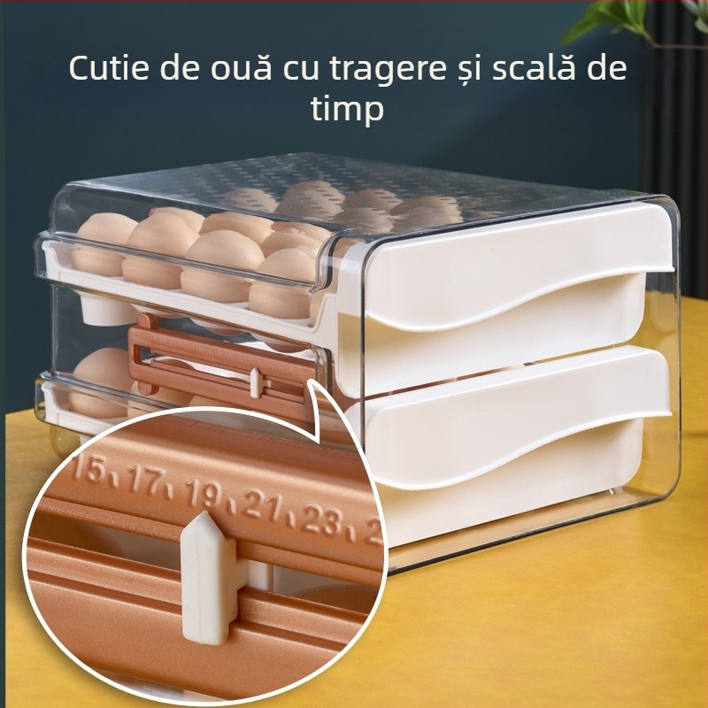 Cutie de depozitare pentru ouă Xiqin, tip sertar, dublu etaj, mare capacitate, din plastic, păstrează ouăle proaspete