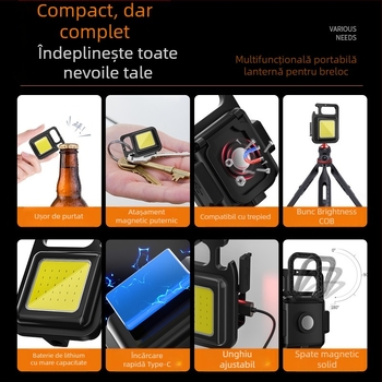 Lanternă breloc reîncărcabilă, ultra-luminioasă, COB LED, lampă de camping portabilă pentru exterior (3.7V, 10W, întrerupător cu apăsare)