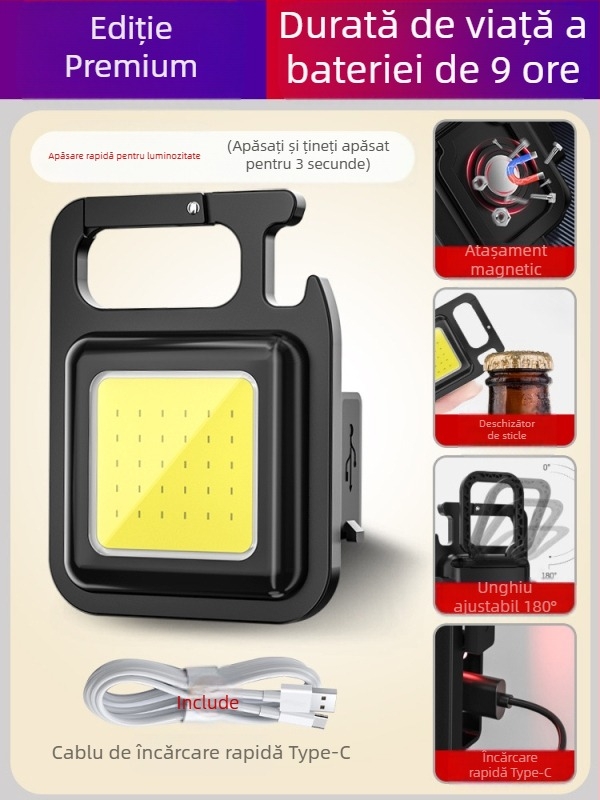 Lanternă breloc reîncărcabilă, ultra-luminioasă, COB LED, lampă de camping portabilă pentru exterior (3.7V, 10W, întrerupător cu apăsare)