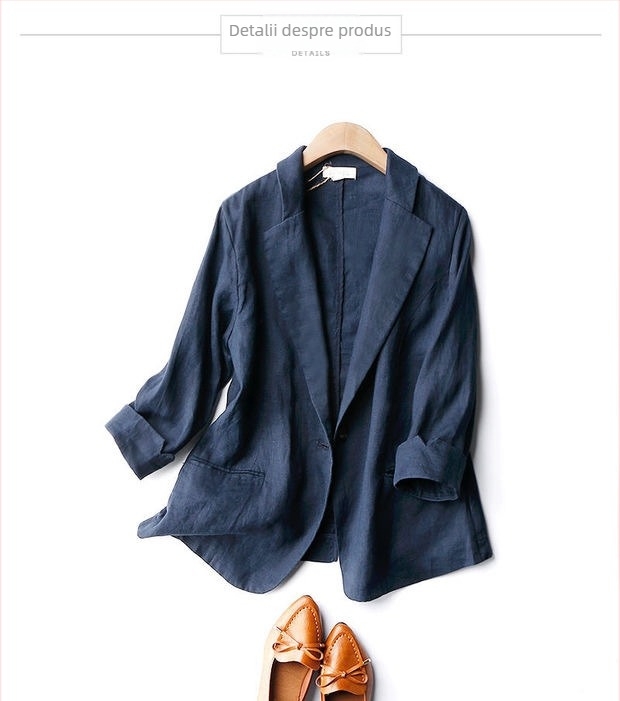 Sacou damă cu mâneci 3/4, guler blazer, nasture unic; țesătură poliester, lungime 50–65 cm