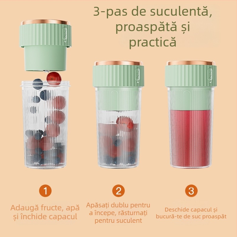 Pahar portabil de storcător cu baterie încorporată, 200W, 12000 rpm, cap cu 6 lame, capacitate 401–600 ml