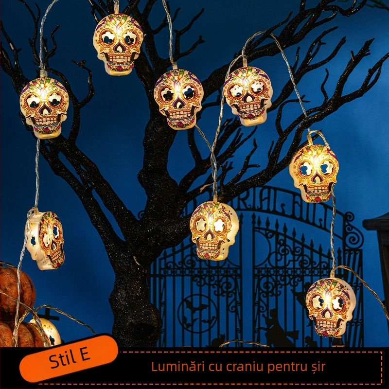 Șir LED de Halloween cu craniu, păianjen și pandantiv dovleac, 110V, 10 LED, 4000 lm, 2500K, IP43