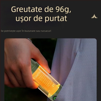 Lampă LED pentru camping, reîncărcabilă, portabilă cu cârlig, alimentare manuală, 1200mAh, 3.7V, LED, rază 50–100 m, autonomie: 5 h lumină principală / 7 h lumină caldă