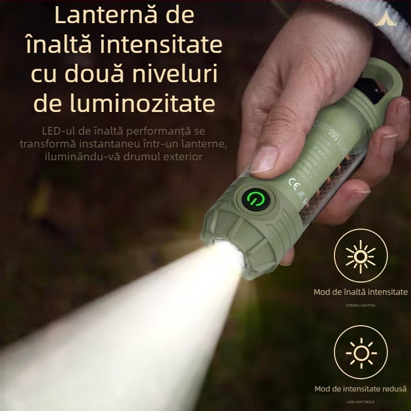 Lampă LED pentru camping, reîncărcabilă, portabilă cu cârlig, alimentare manuală, 1200mAh, 3.7V, LED, rază 50–100 m, autonomie: 5 h lumină principală / 7 h lumină caldă