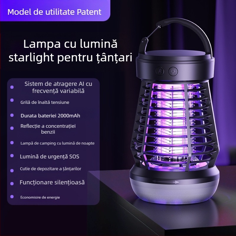 Lampă pentru omorârea țânțarilor, portabilă pentru exterior și interior, model J03, tub de lampă cu boabe luminoase mov, 3.7V, personalizare disponibilă