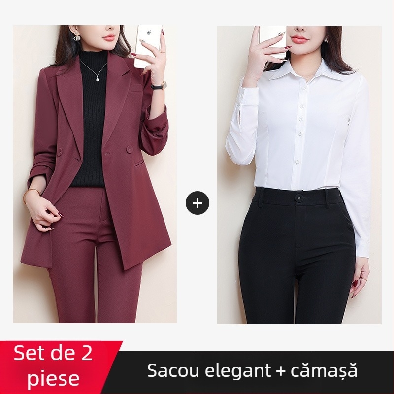 Sacou de costum pentru femei, amestec poliester/elastan, stil de birou, guler costum, mâneci lungi