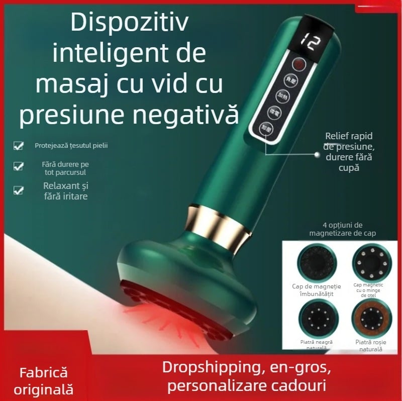 Dispozitiv electric pentru masaj și cupping cu alimentare reîncărcabilă, control prin buton, 4 viteze, reglare temperatură, baterie de 1200mAh