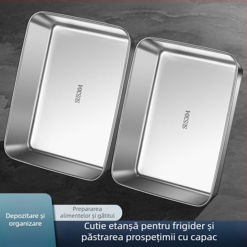 Cutie de prânz din oțel inoxidabil, pătrată, cu capac, tavă de depozitare în frigider, potrivită pentru pregătirea mâncărurilor fierbinți, pentru exterior