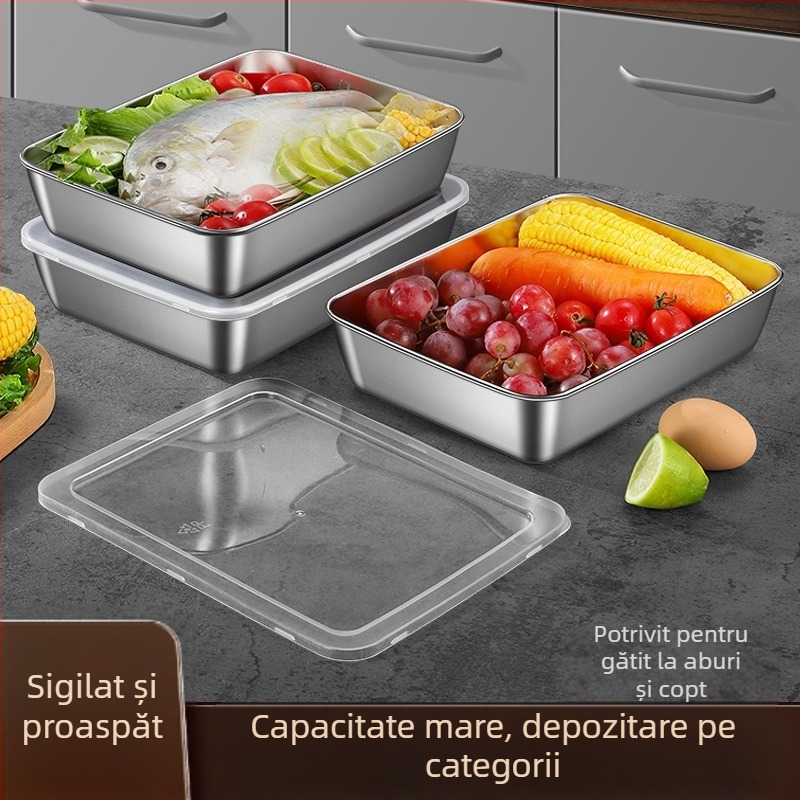 Cutie de prânz din oțel inoxidabil, pătrată, cu capac, tavă de depozitare în frigider, potrivită pentru pregătirea mâncărurilor fierbinți, pentru exterior