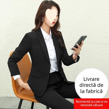 Costum feminin slim-fit din poliester, sacou cu rever și mâneci lungi — toamnă 2023