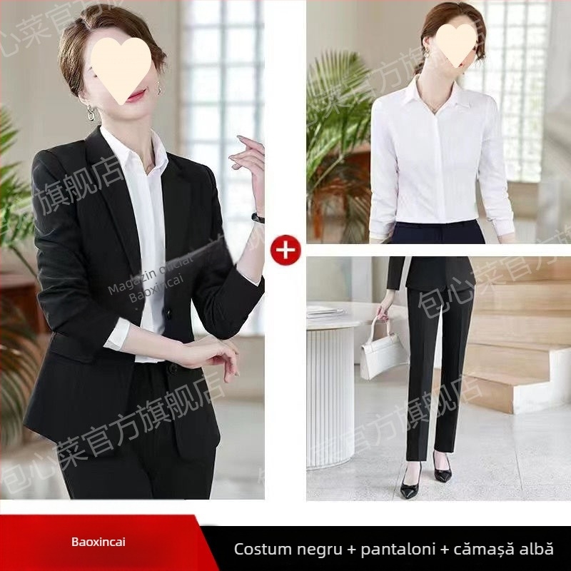 Costum feminin slim-fit din poliester, sacou cu rever și mâneci lungi — toamnă 2023