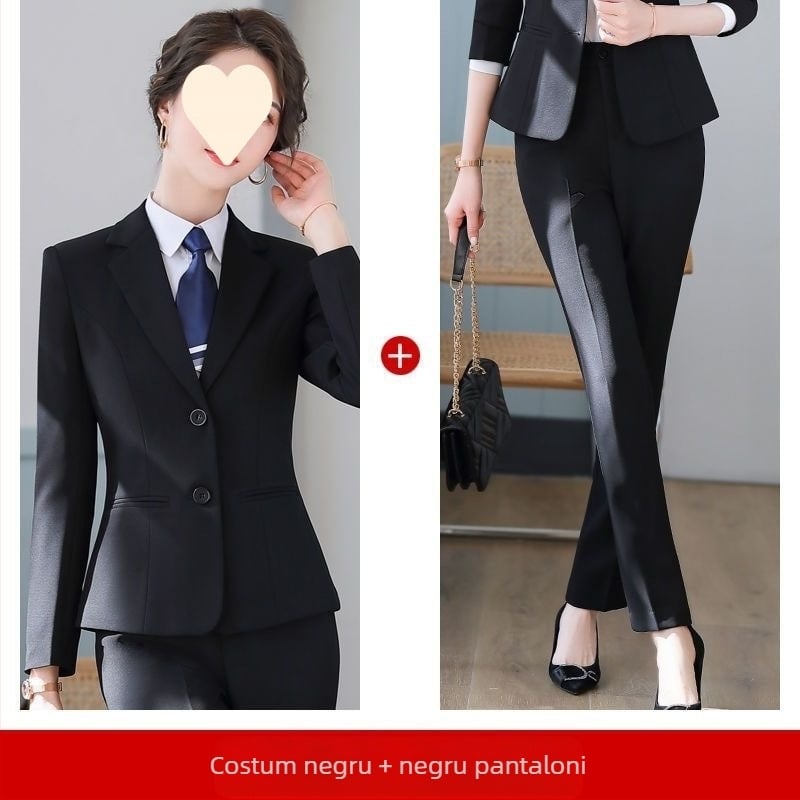 Costum feminin slim-fit din poliester, sacou cu rever și mâneci lungi — toamnă 2023