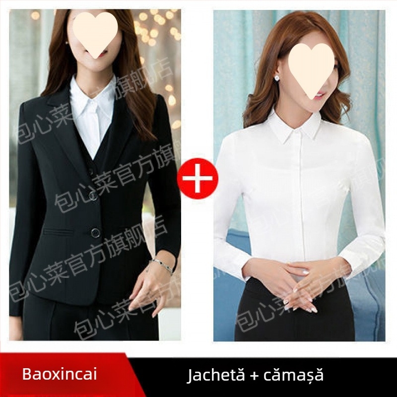 Costum feminin slim-fit din poliester, sacou cu rever și mâneci lungi — toamnă 2023