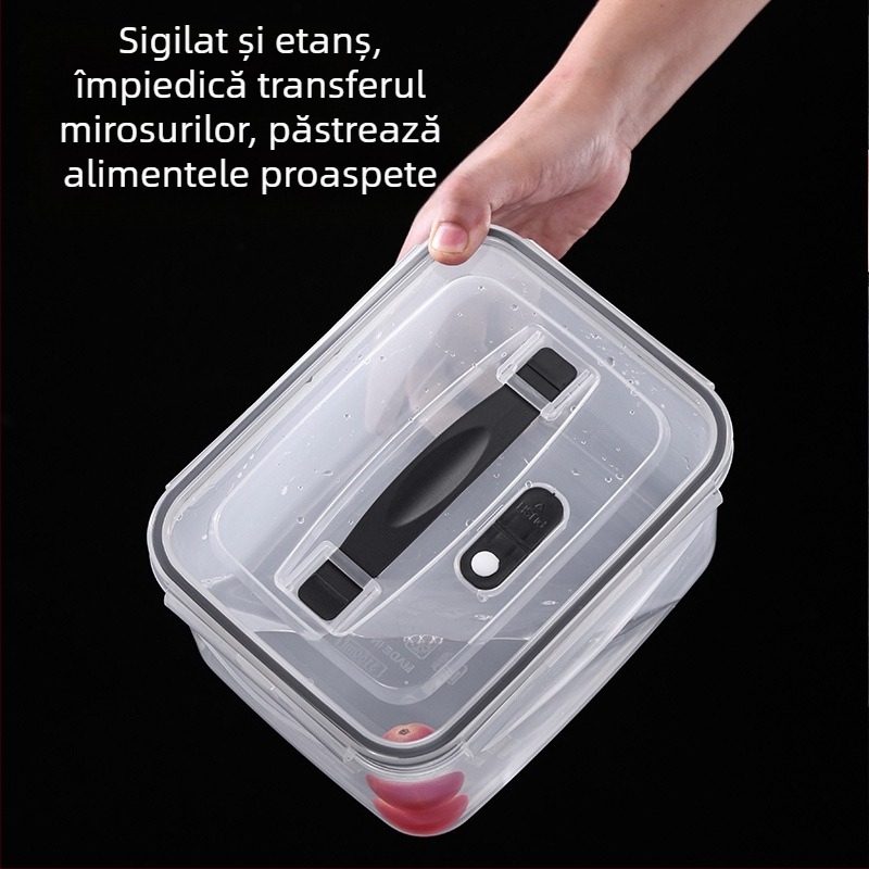 Cutie plastică pentru prânz, cu mâner și coș de drenaj, compatibilă cu microunde, dreptunghiulară stil Bento