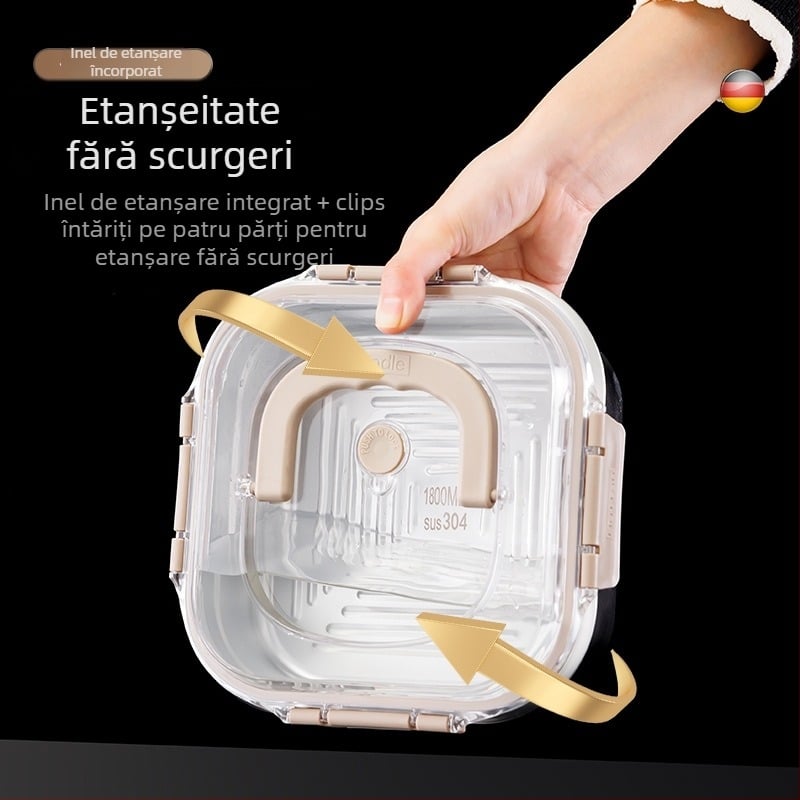 Cutie din oțel inoxidabil pentru conservare, formă pătrată, capacitate 2,1–3 L, menține prospețimea, compatibil cu microunde