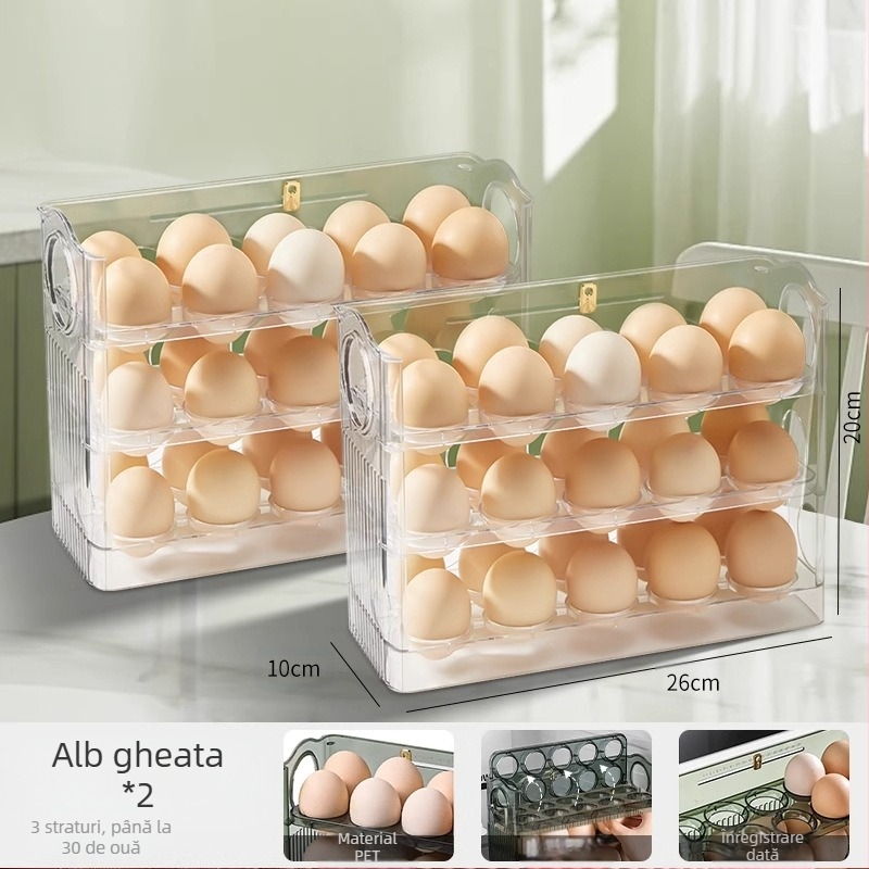 Cutie de depozitare pentru ouă în frigider, transparentă, plastic alimentar, cu ușă laterală