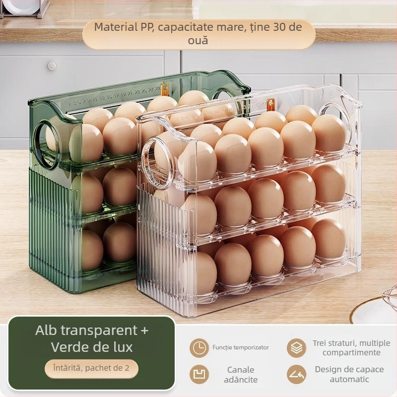 Cutie de depozitare pentru ouă în frigider, transparentă, plastic alimentar, cu ușă laterală