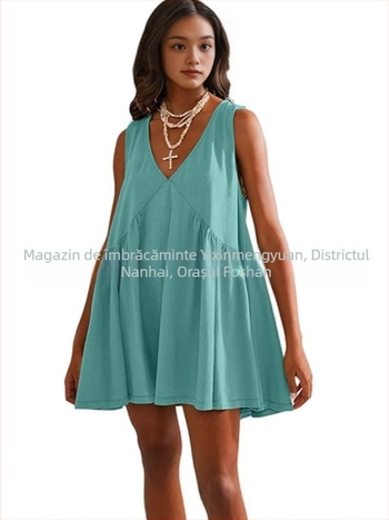 Rochie din poliester, decolteu în V, fără mâneci, croială în A, lungime midi
