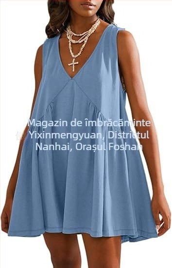 Rochie din poliester, decolteu în V, fără mâneci, croială în A, lungime midi