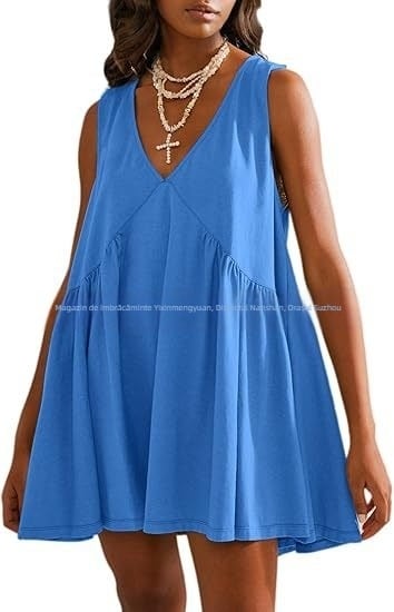 Rochie din poliester, decolteu în V, fără mâneci, croială în A, lungime midi