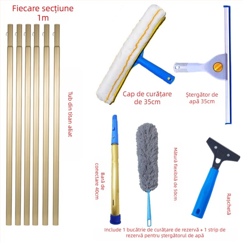 Shijie Curățător de geamuri pentru uz casnic cu tijă telescopică extinsă, ștergere pe o singură parte, din oțel inoxidabil, manual