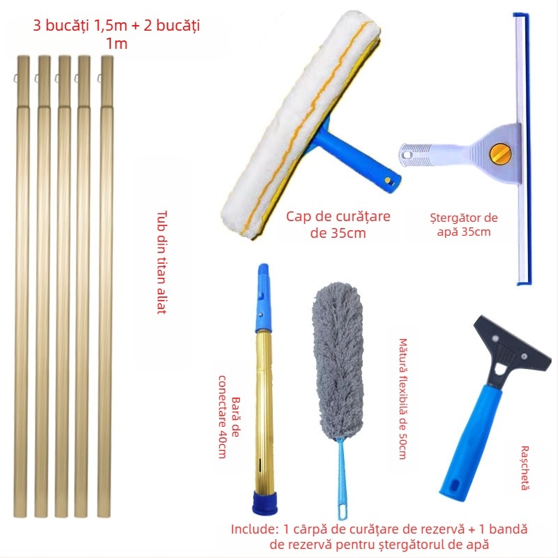 Shijie Curățător de geamuri pentru uz casnic cu tijă telescopică extinsă, ștergere pe o singură parte, din oțel inoxidabil, manual