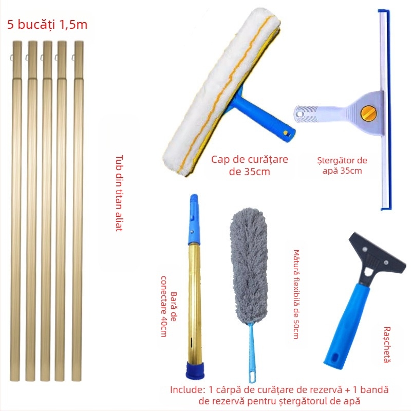 Shijie Curățător de geamuri pentru uz casnic cu tijă telescopică extinsă, ștergere pe o singură parte, din oțel inoxidabil, manual