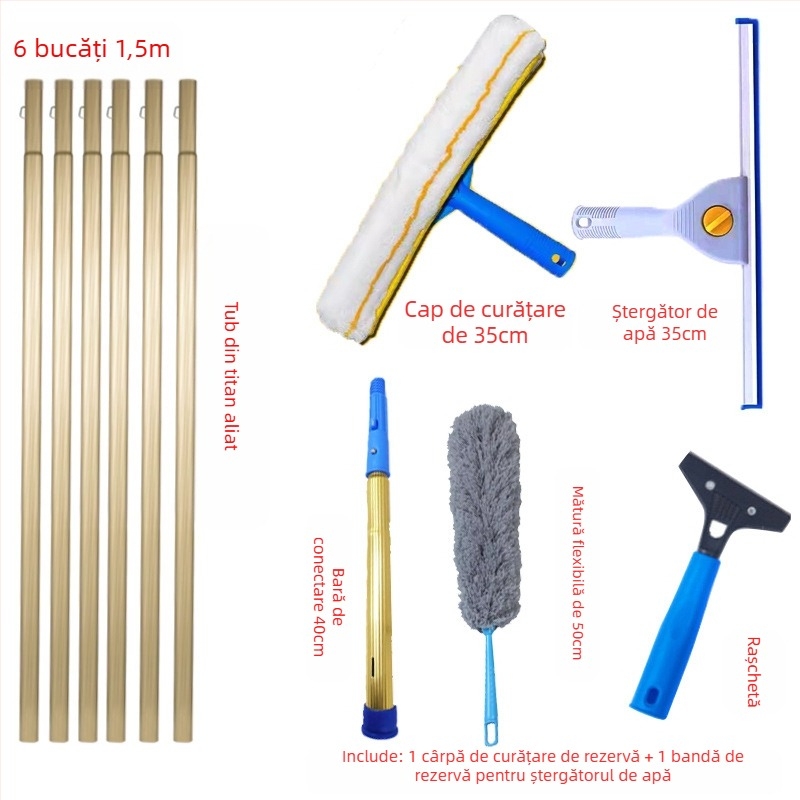 Shijie Curățător de geamuri pentru uz casnic cu tijă telescopică extinsă, ștergere pe o singură parte, din oțel inoxidabil, manual