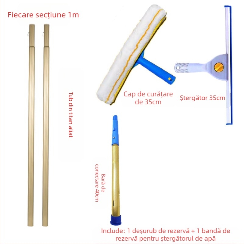 Shijie Curățător de geamuri pentru uz casnic cu tijă telescopică extinsă, ștergere pe o singură parte, din oțel inoxidabil, manual