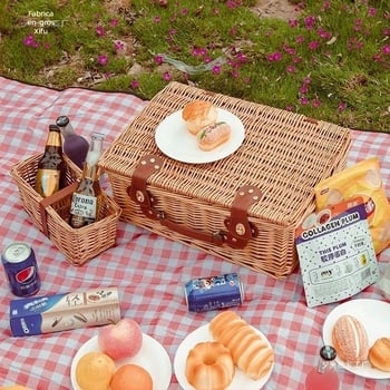 Coș de picnic exterior, construcție din răchită împletită cu bambus, coș de depozitare portabil cu mâner