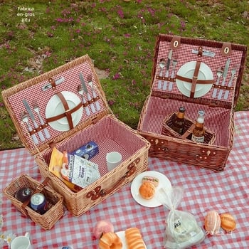 Coș de picnic exterior, construcție din răchită împletită cu bambus, coș de depozitare portabil cu mâner