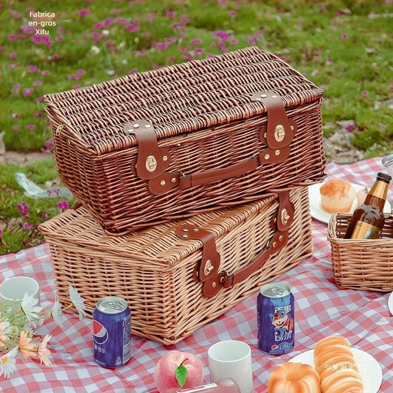 Coș de picnic exterior, construcție din răchită împletită cu bambus, coș de depozitare portabil cu mâner
