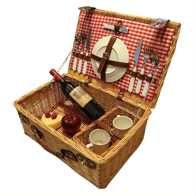 Coș de picnic exterior, construcție din răchită împletită cu bambus, coș de depozitare portabil cu mâner
