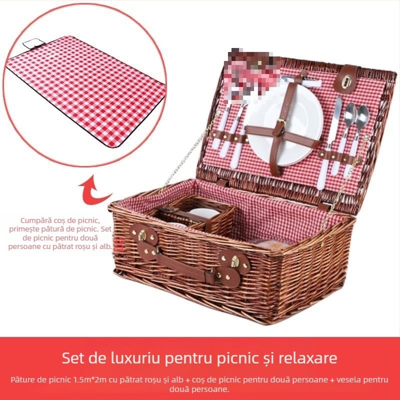 Coș de picnic exterior, construcție din răchită împletită cu bambus, coș de depozitare portabil cu mâner
