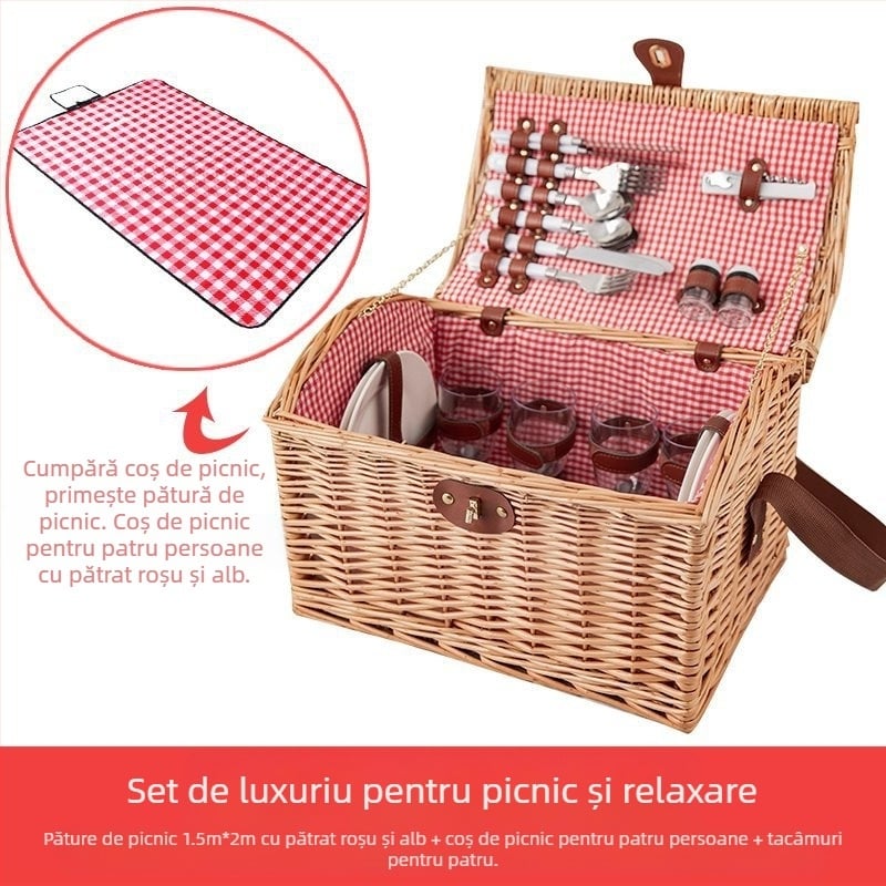 Coș de picnic exterior, construcție din răchită împletită cu bambus, coș de depozitare portabil cu mâner
