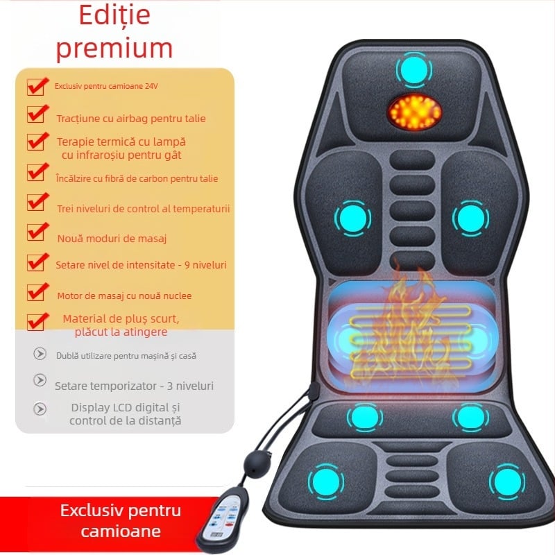 Masaj pentru gât și spate, pentru mașină și casă – masaj kneading, încălzire și vibrații, 6+ capete de masaj, 3 trepte de intensitate, control cablat