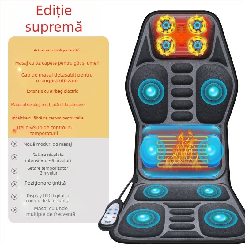 Masaj pentru gât și spate, pentru mașină și casă – masaj kneading, încălzire și vibrații, 6+ capete de masaj, 3 trepte de intensitate, control cablat