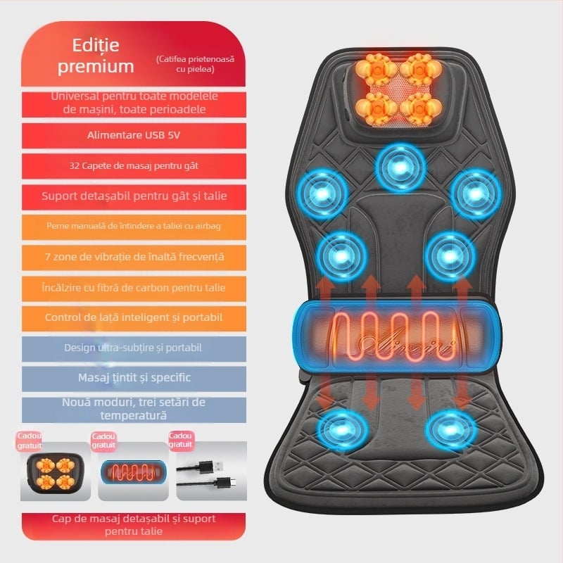 Masaj pentru gât și spate, pentru mașină și casă – masaj kneading, încălzire și vibrații, 6+ capete de masaj, 3 trepte de intensitate, control cablat